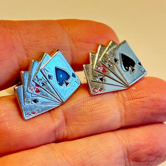 Silver cufflinks playing card stud poker gamblers mens jewelry enamel finishes - Picture 6 of 6